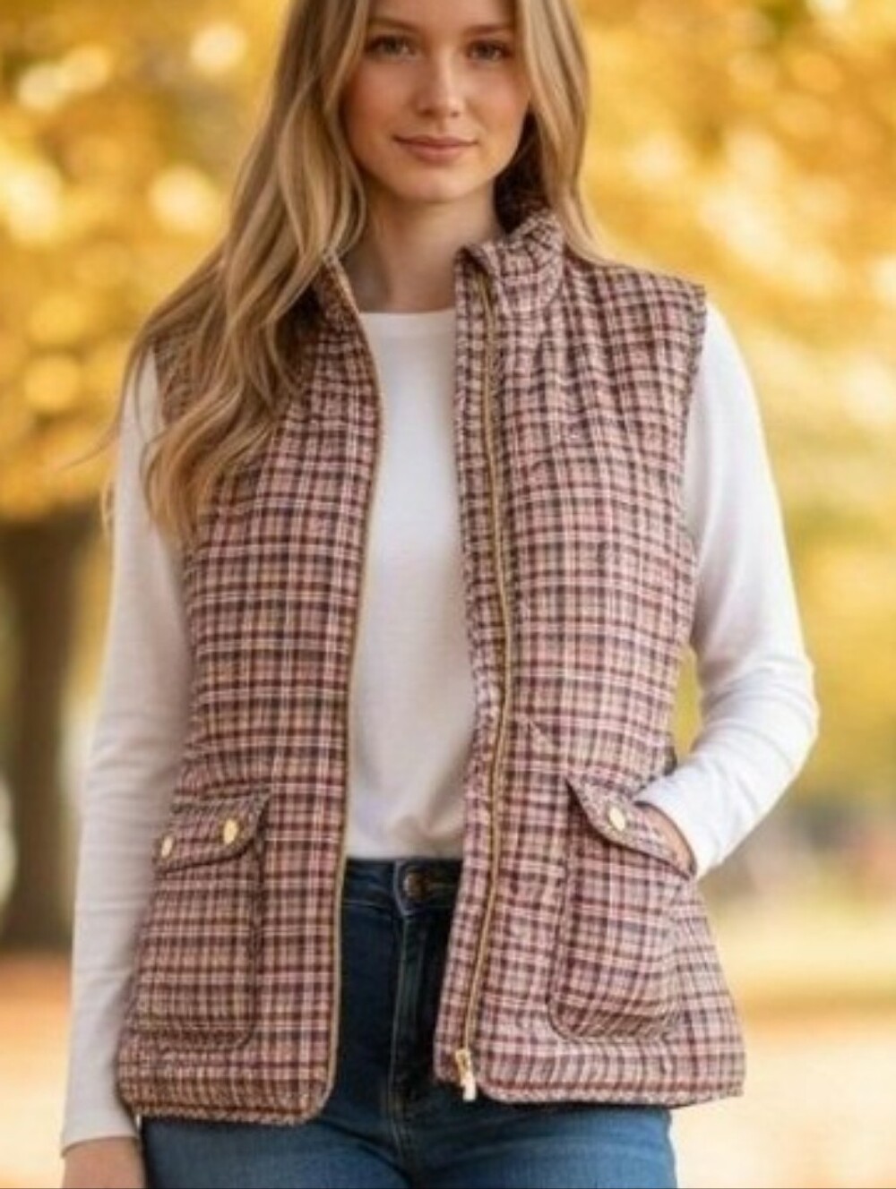 St. John’s Bay Women’s Medium Quilted Plaid Vest Burgundy Gold Zip Preppy Equest